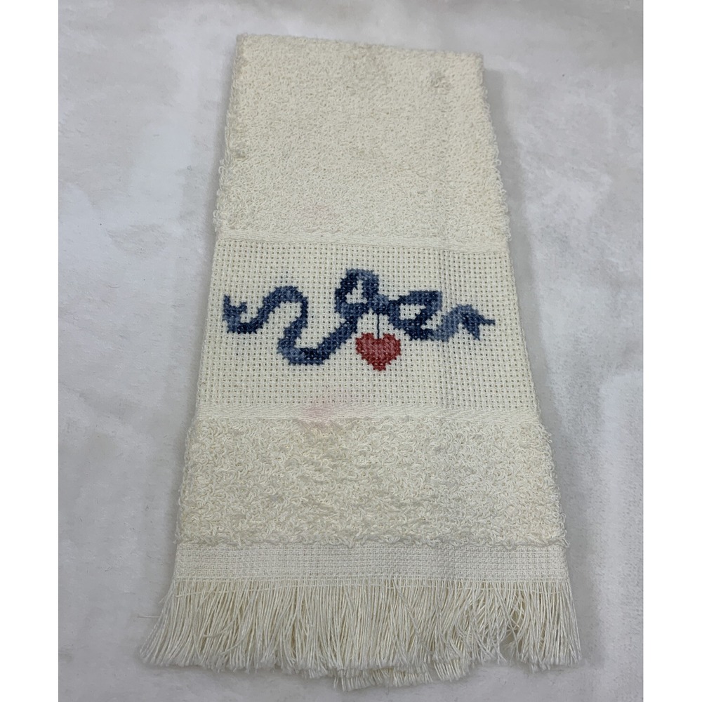 Vintage Completed Cross Stitch Guest Finger Tip Towel Cream Country Bow Heart